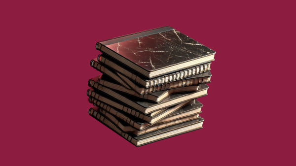 AI generated image of stack of notebooks on a maroon background