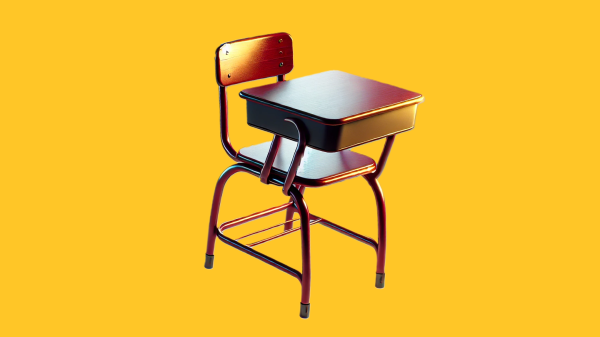 A vintage maroon school desk floating on a flat ASU gold background