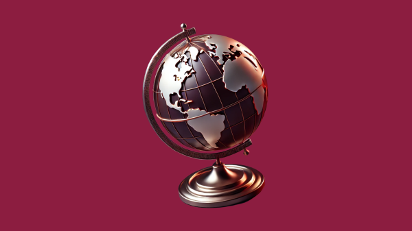A silver and maroon vintage globe on a flat ASU maroon background