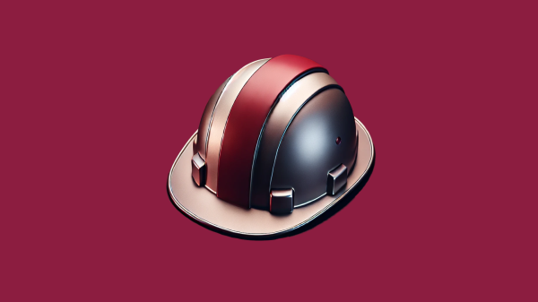 A silver and maroon hard hat on a flat ASU maroon background