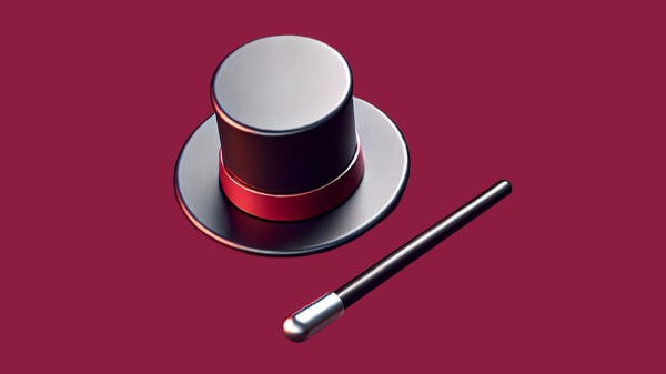 A magicians hat and wand on a flat maroon background