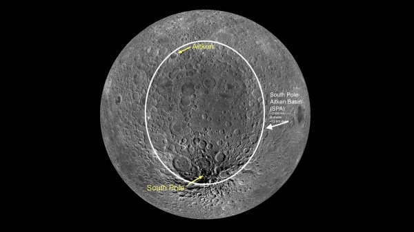 Image of the moon with text and an arrow pointing out its largest impact feature, the South Pole–Aitken basin.