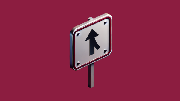 A silver traffic merge road sign on a flat ASU maroon background