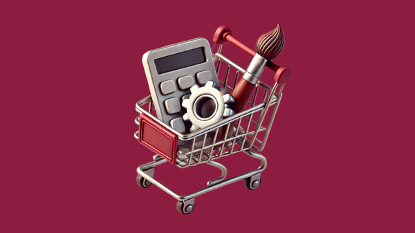 A shopping cart with a calculator, paintbrush and gear on a flat ASU maroon background