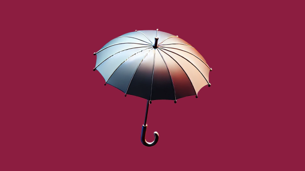 A silver umbrella on a flat maroon background