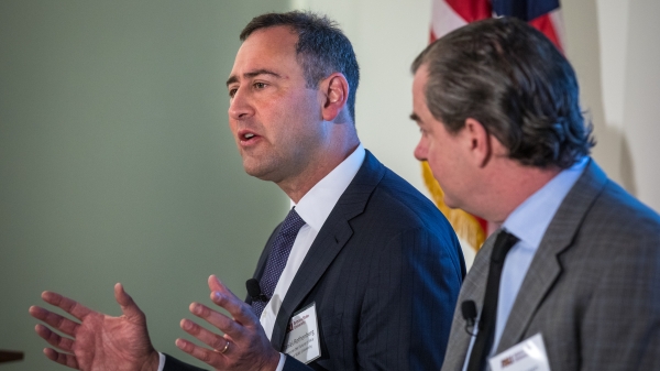 FSI co-directors Daniel Rothenberg and Peter Bergen speak at an event 