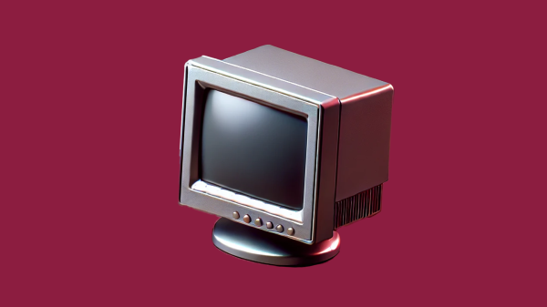 AI-generated image of a gray computer monitor on a maroon background