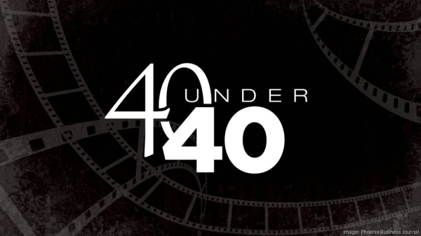 "40 Under 40" text on a black background with film reel graphics.