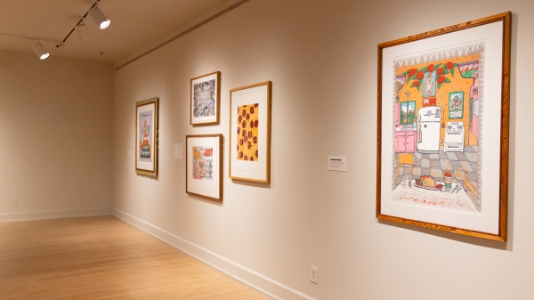 Photo of Chicano/a/x prints framed in the ASU Art Museum