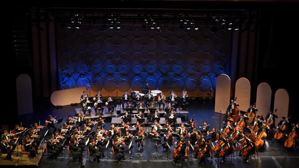 Aerial shot of an orchestra on stage.