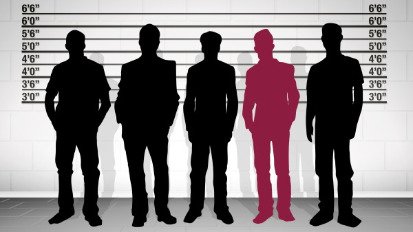 Illustration of a line up with four black silhouettes and one maroon silhouette