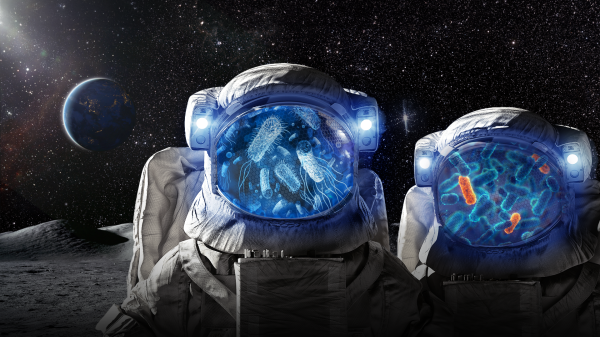 Two space suits seen floating in outer space with illustrations of microbes visible through their helmet face shields.