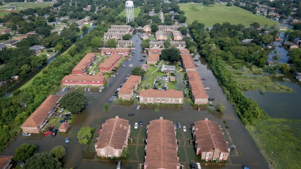 Aerial shot of flooding from Hurricane Harvey in Port Arthur, Texas in 2017.