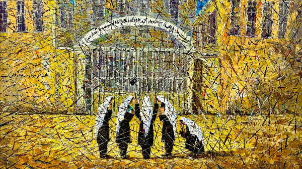 Brush painting titled "Hopeless." Four women (three standing, one kneeling) crying outside the closed gates of a school, on the first day Afghan girls were denied entry under the Taliban regime.