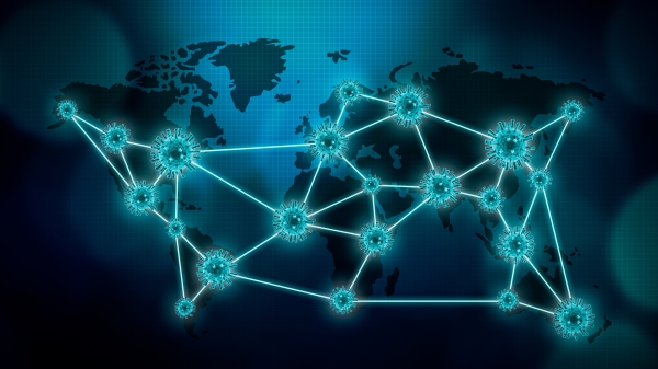 Map with virus illustrations pinpointing pandemic locations around the world