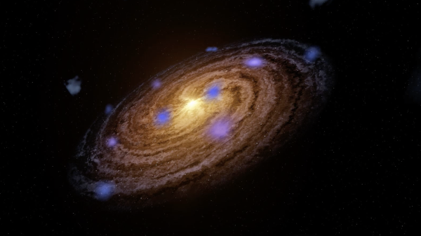 An artist's conception of a galaxy with gas clouds.