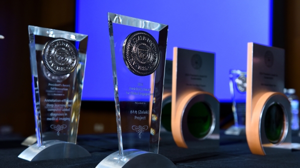 Closeup of awards presented on table