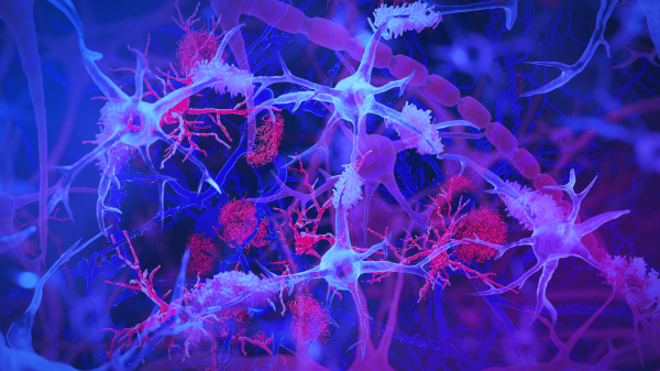 Illustration of the brain's immune cells interacting with harmful proteins linked to Alzheimer's disease.