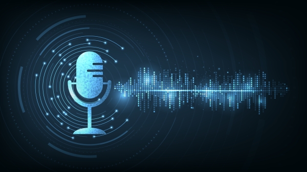 Computer illustration of a podcast mic with digital waves coming from it