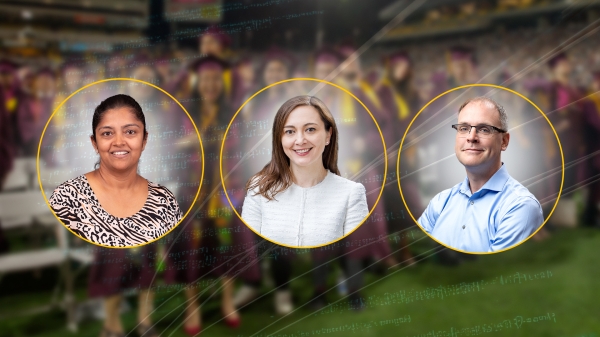 A portrait of Srividya Bansal, Nadya Bliss and Ross Maciejewski on a background image of graduating students.
