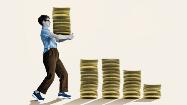 Illustration of person carrying large stacks of coins