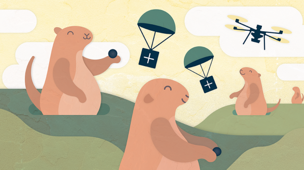 Illustrations of prairie dogs holding vaccine pellets that are delivered by a drone