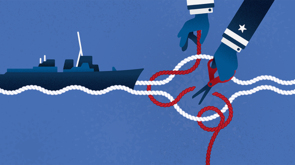 Graphic showing hands cutting red and white rode attached to a ship.