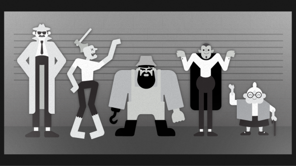 Black-and-white illustration of monsters in a police lineup.