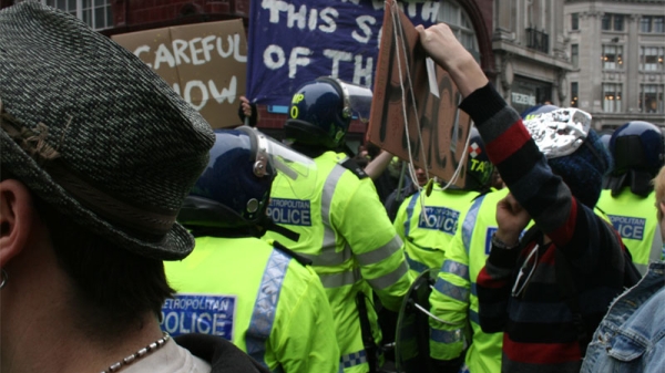 Protesters march.