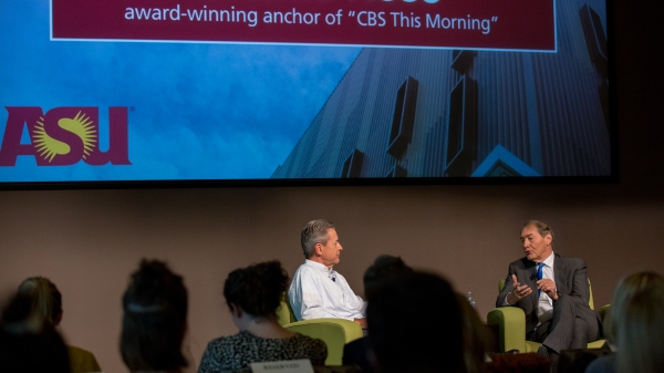 Charlie Rose and Ted Simons giving Q&amp;A to journalism students