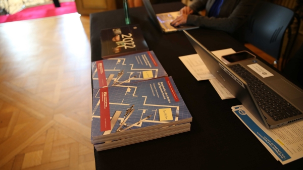 Brochures sit on a table