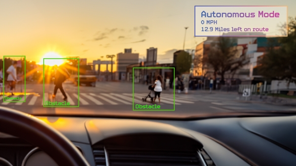Autonomous car screen detecting pedestrians crossing a crosswalk