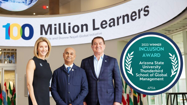 Dionne Najafi, Sanjeev Khagram and F. Francis Najafi posing for a photo underneath a 100 Million Learners banner.