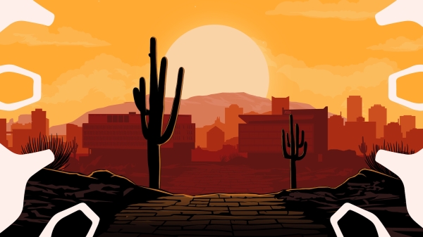 Graphic illustration of a desert landscape with cacti, buildings and a setting sun.
