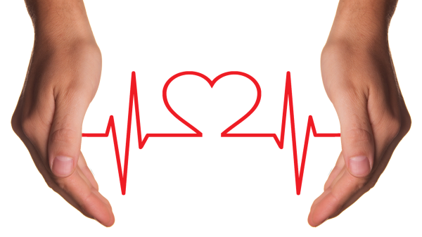 abstract image of vital sign indicator line with a heart between two hands