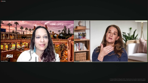 ASU Assistant Professor Aviva Dove-Viebahn and Melinda Gates in a Zoom conversation