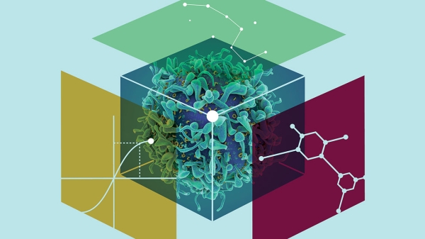 graphic of cancer cells in a cube