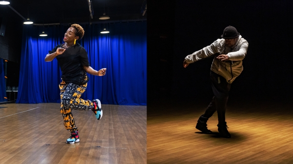 Collage of two Black people performing hip-hop dance.