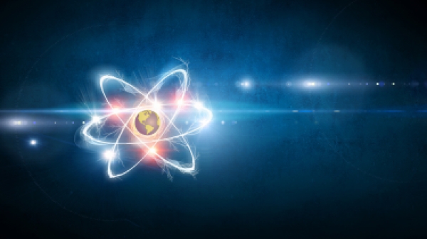 An atom with the earth at the center — visualizing the potential of quantum technology.
