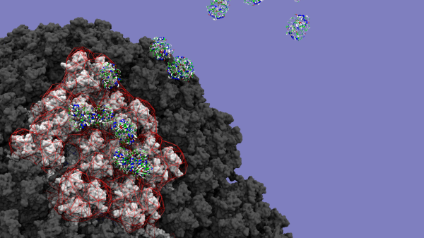 A cloud of platelet factor 4 proteins interacting with the electrostatic surface of the Oxford vaccine, as seen through a computational microscope 