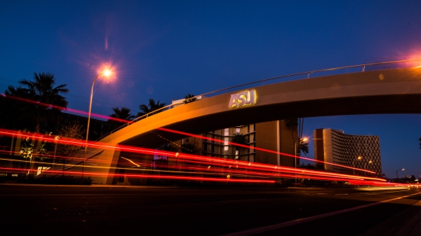 A shot of the ASU Tempe campus bridge at night.