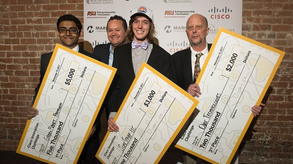 Cisco Challenge winners from left to right: First-place winner, Joshua Parde for Green Plant/Aquifer Systems; second place winner, Cody Constanbader for Sure Strap; and third-place winner, Todd Hoffman for Ddot Technologies.