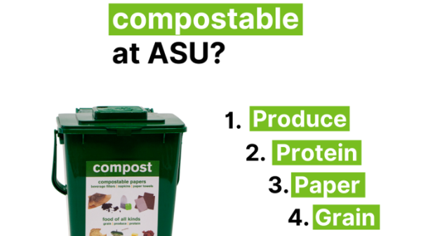Graphic reading, "What is compostable at ASU? 1. Produce 2. Protein 3. Paper 4. Grain"