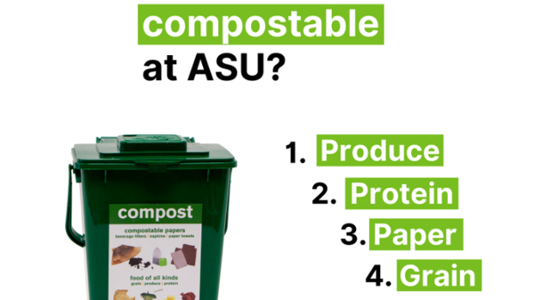 Graphic reading, "What is compostable at ASU? 1. Produce 2. Protein 3. Paper 4. Grain"