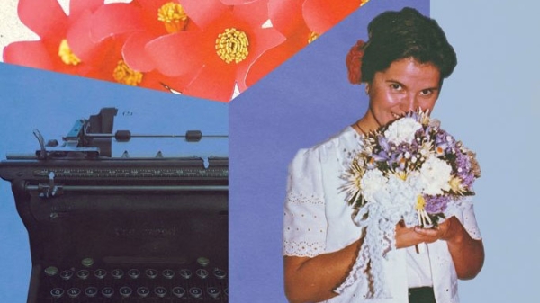 Collage of red flowers, typewriter and photo of woman holding a bouquet
