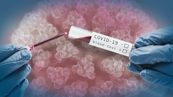 Graphic illustration of gloved hands inserting a dropper into a test tube labeled "COVID-19 blood test."