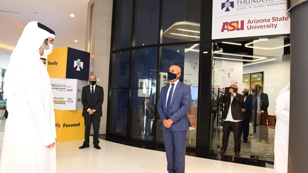 Sheikh Maktoum bin Mohammed bin Rashid Al Maktoum, deputy ruler of Dubai and president of the Dubai International Financial Center standing outside of the Thunderbird Innovation Center in Dubai
