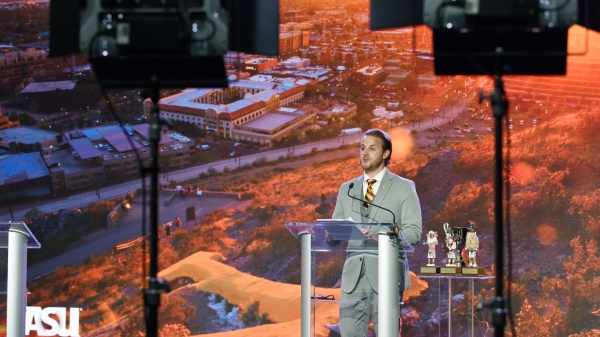 Doug Owczarczak, Director of Student Relations at the ASU Alumni Association, leading the virtual Medallion Scholarship Banquet.