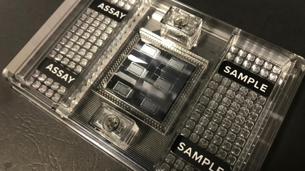 Close-up of a lab-on-a-chip medical test.