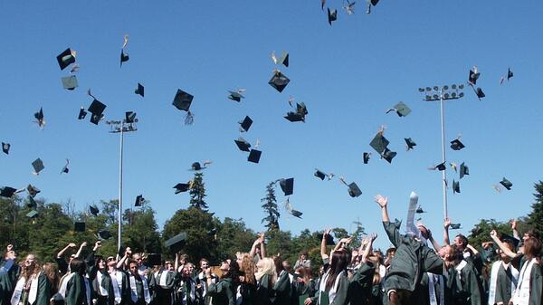 People throwing their graduation caps into the air at a high school graduation ceremony.